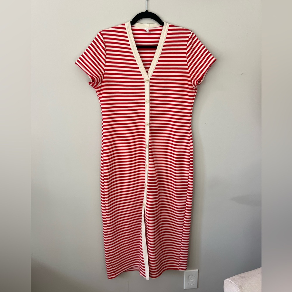 Red and White Striped Button-Front Knit Dress size L